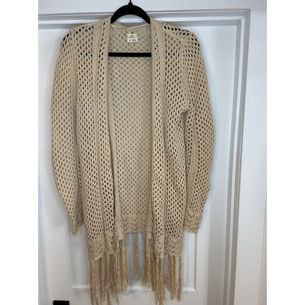 O'Neill Womens Beige Open Knit Crochet Fringe Cardigan Sweater Medium Cotton
